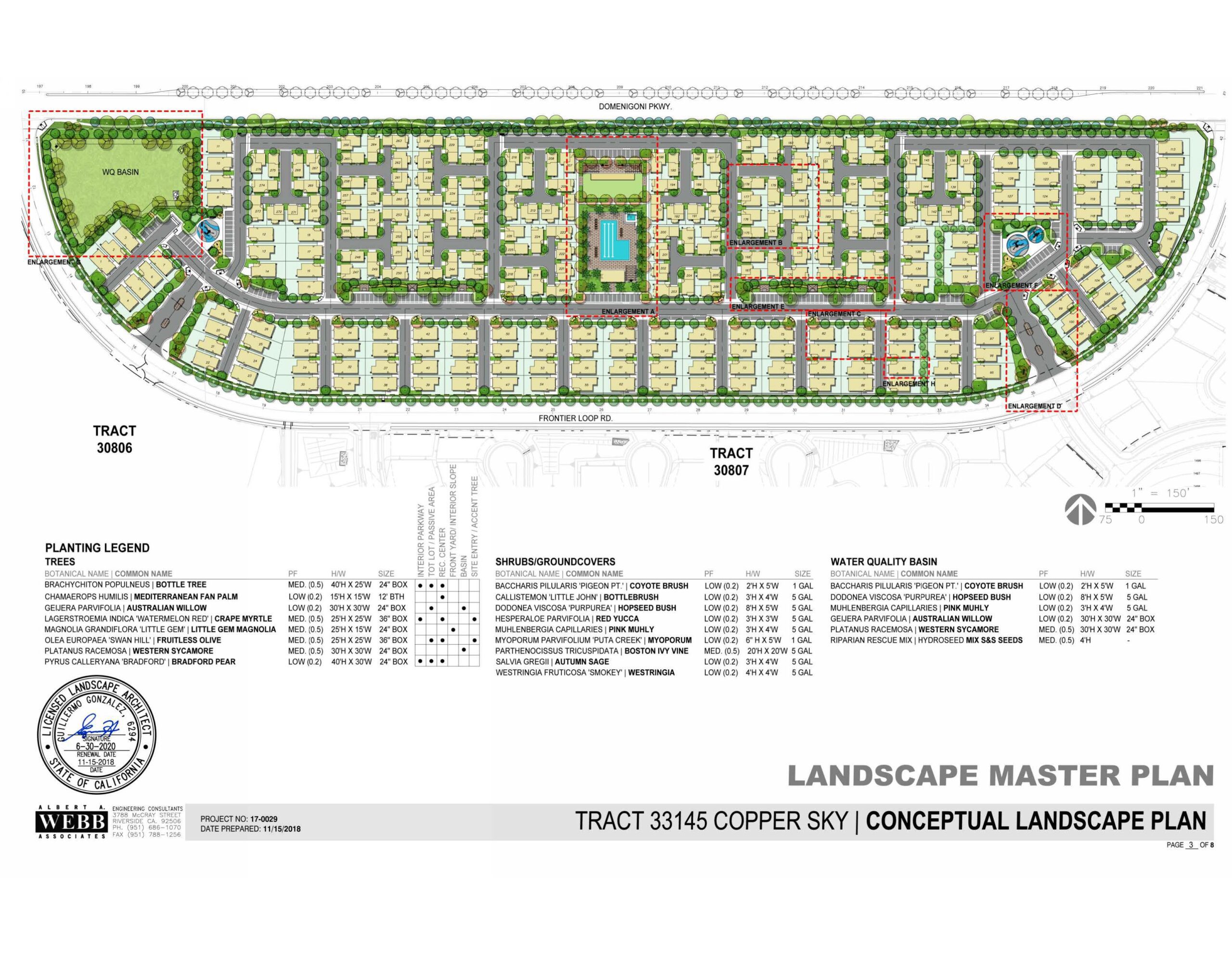 A conceptual landscape master plan for Tract 33145 Copper Sky, showing a detailed layout of residential lots, water quality basins, shrub areas, and planting legends.