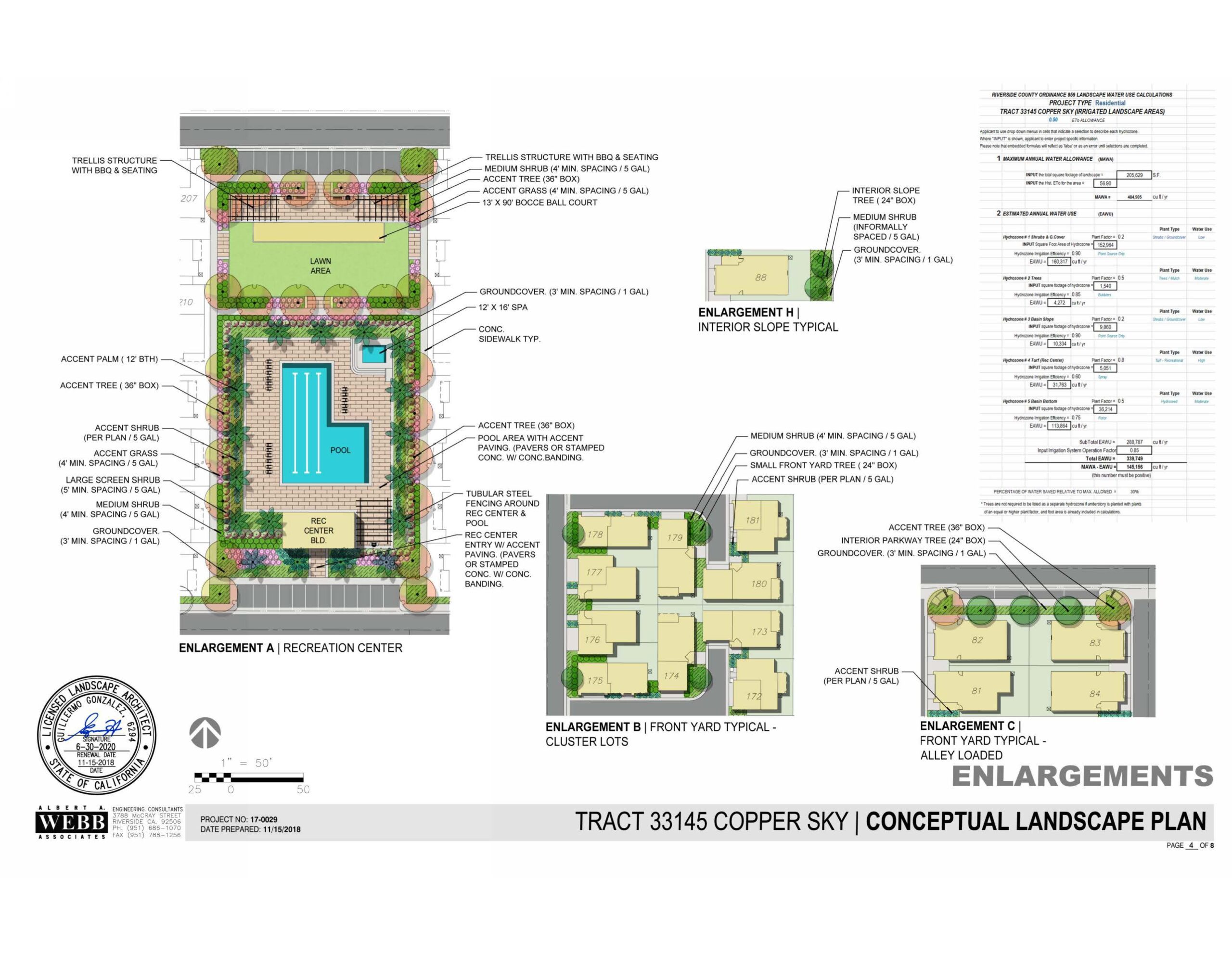 Conceptual landscape plan for Tract 33145 Copper Sky with enlargements of recreation center, interior side, front yard, cluster lots, and alley loaded areas. Includes labeled features and annotations.