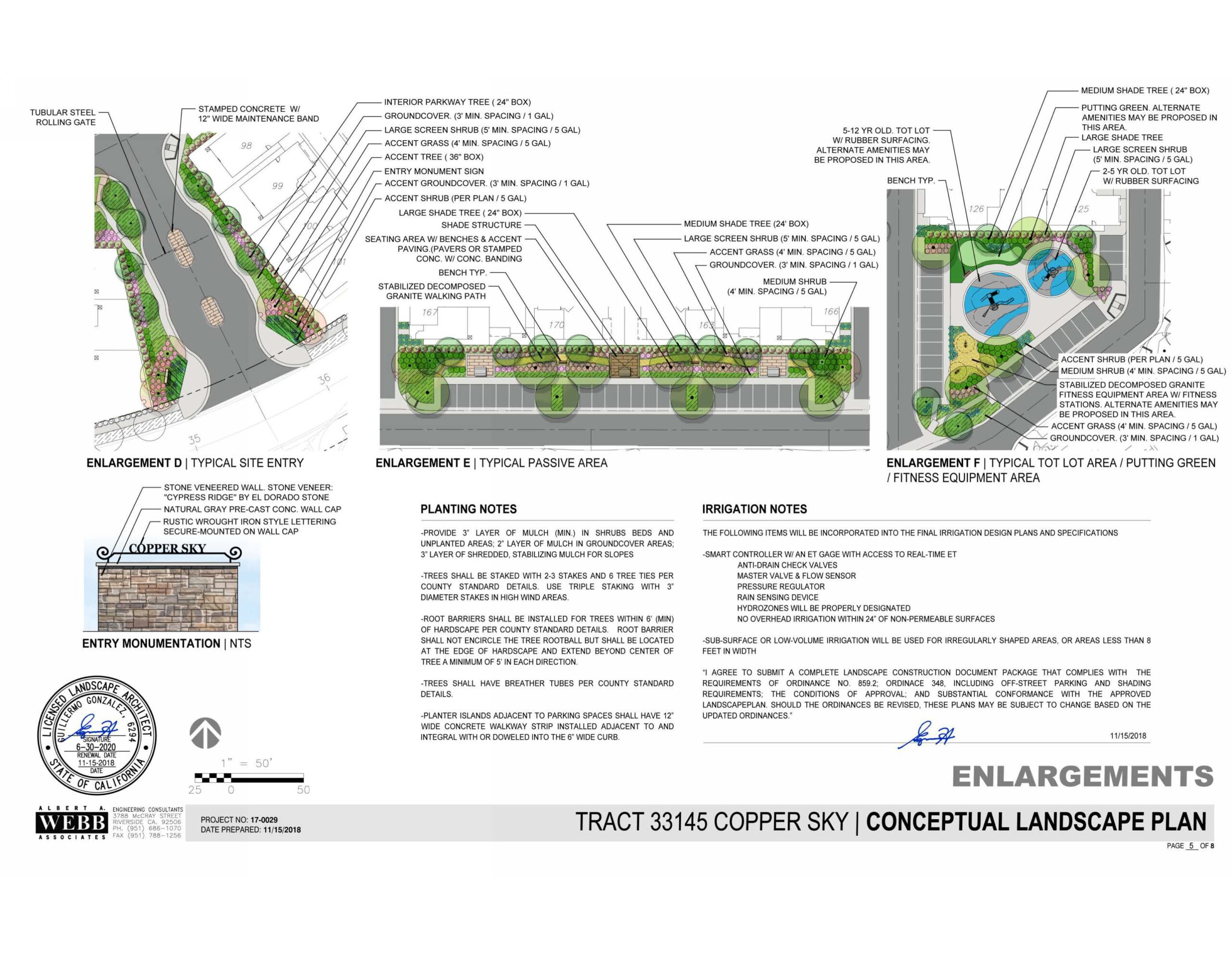 Conceptual landscape plan for Tract 33145 Copper Sky with enlargements of recreation center, interior side, front yard, cluster lots, and alley loaded areas. Includes labeled features and annotations.