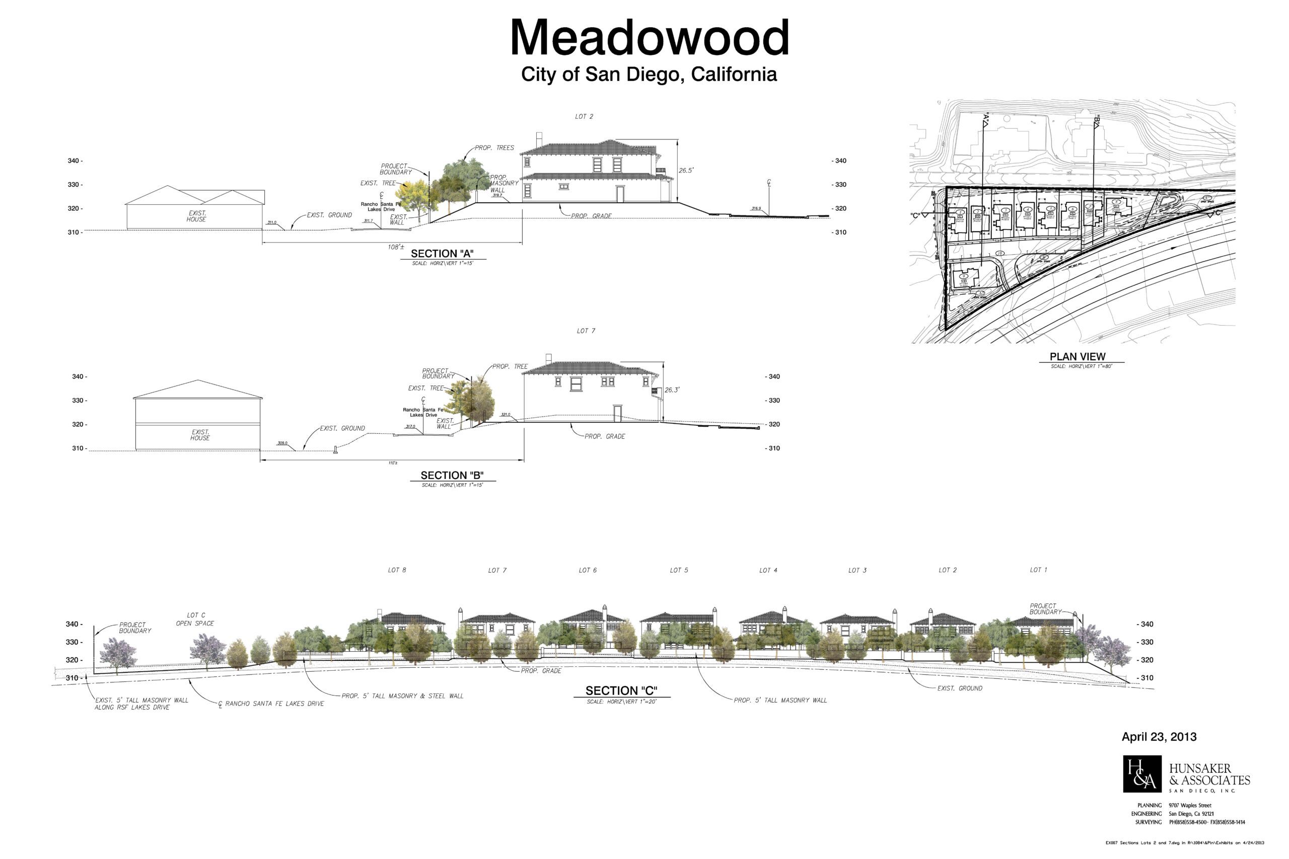 Architectural plan titled "Meadowood City of San Diego, California" shows elevation views, sections, and site layout for a proposed development project, dated April 23, 2013.