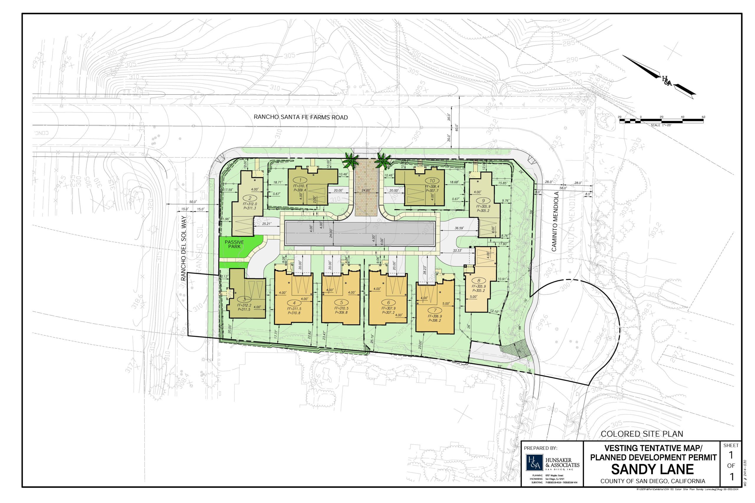 A site plan map titled "Vesting Tentative Map Planning Development Permit" for Sandy Lane, showing layout of buildings, roads, and landscaping in San Diego, California.