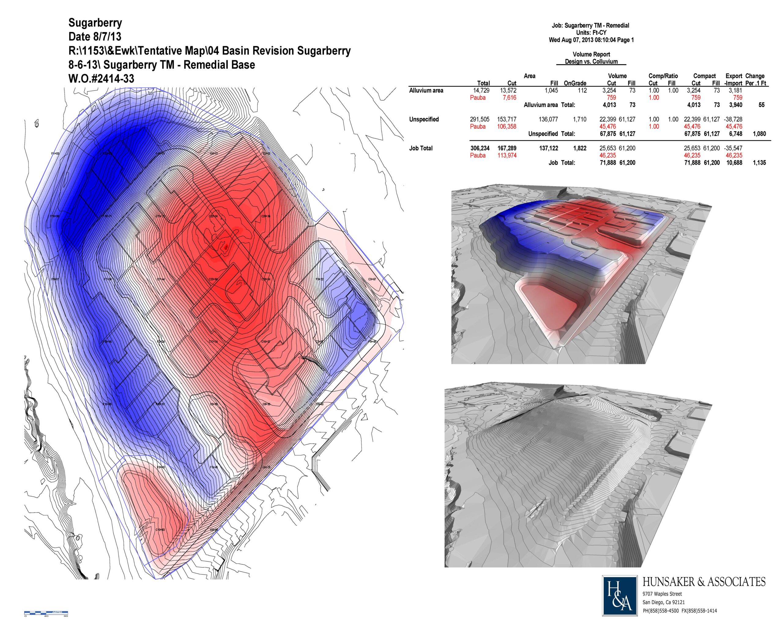 Topographical map displaying the proposed sugarberry basin revision, indicating areas of elevation with color gradients from blue to red. Includes data, legend, and engineering firm logos at the bottom.