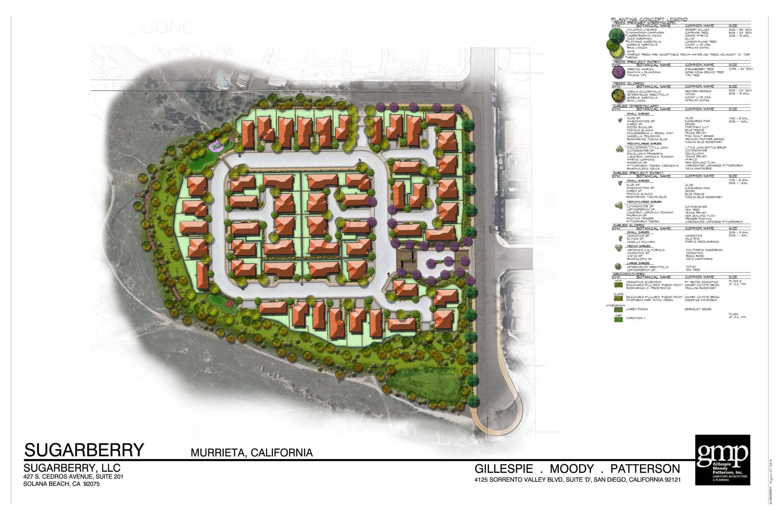 A detailed site plan of a residential development named Sugarberry in Murrieta, California, showing house layouts, roads, landscaped areas, and a legend with tree and plant species.