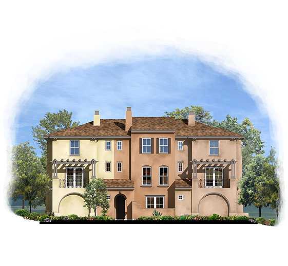 Illustration of a two-story duplex with beige and peach exteriors, featuring balconies, windows, and arched entryways, set against a background of trees and a blue sky.